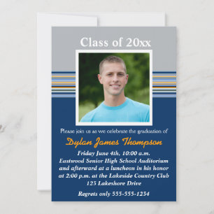 Bleu, Gris, Orange Photo Graduation Invitation