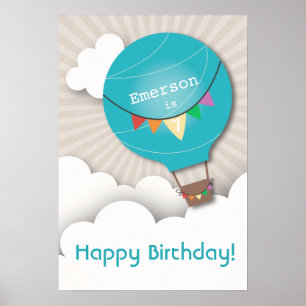 Bleu Hot Air Balloon Affiche d'anniversaire
