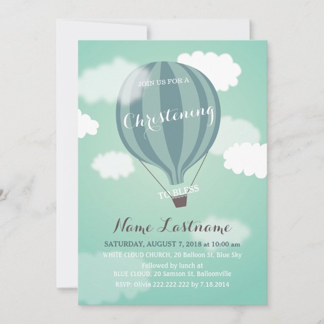 Bleu Hot Air Balloon Christening Invitation (Devant)