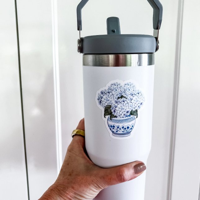 Bleu Hydrangeas en Chinoiserie Pot Vinyl Sticker (blue hydrangea chinoiserie die cut vinyl sticker)