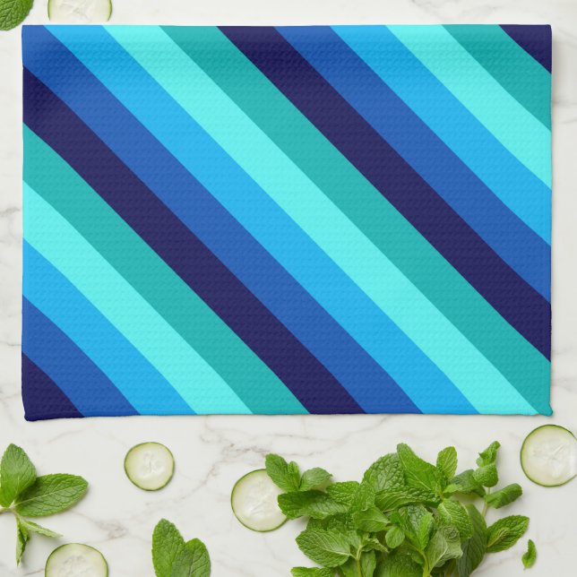 Bleu Icy Rayures Turquoises Serviette de cuisine (Plié)