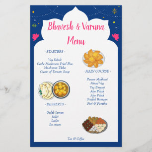 Bleu Indien design frontière menu mariage hindu