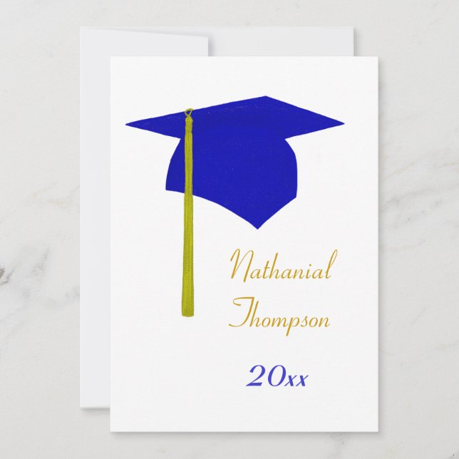 Bleu & Jaune Graduation Cap & Tassel Invitations (Devant)