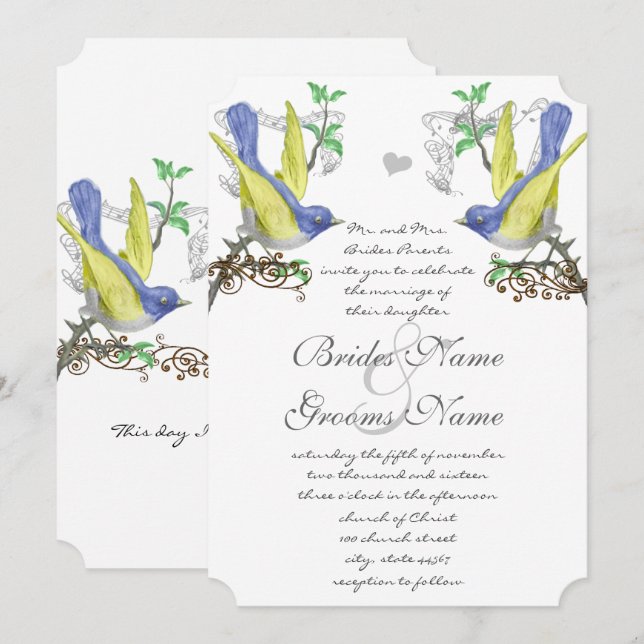 Bleu & Jaune Vintage Oiseaux Mariage Invitation (Devant / Derrière)