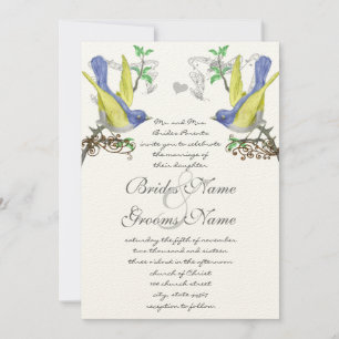 Bleu & Jaune Vintage Oiseaux Mariage Invitation