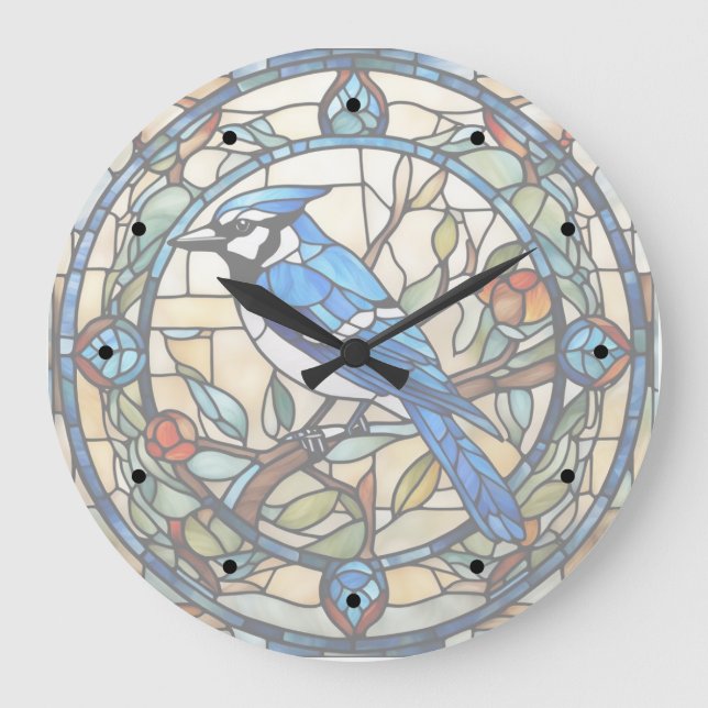Bleu Jay Vitrail Bluejay Horloge des oiseaux (Recto)