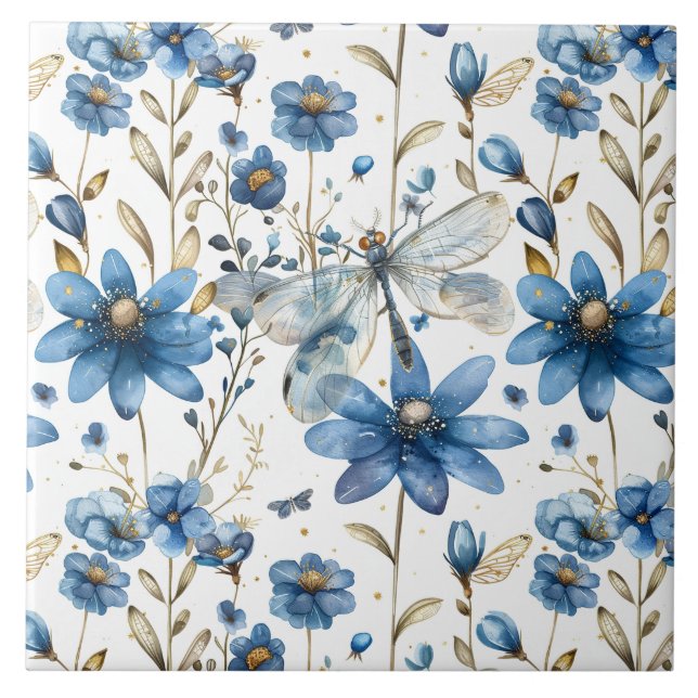 Bleu libellule et fleurs Carreaux de céramique fle (Devant)