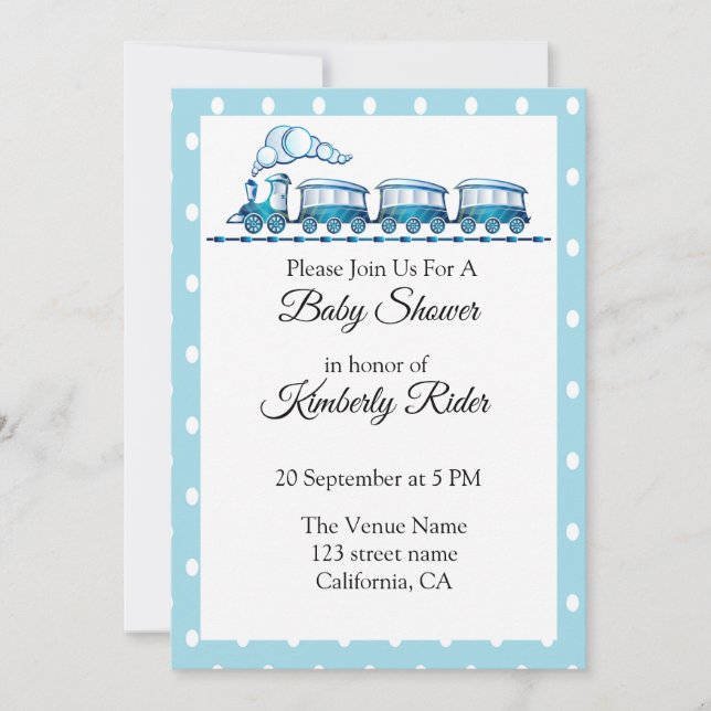 Bleu Locomotive Baby Shower Invitations (Devant)