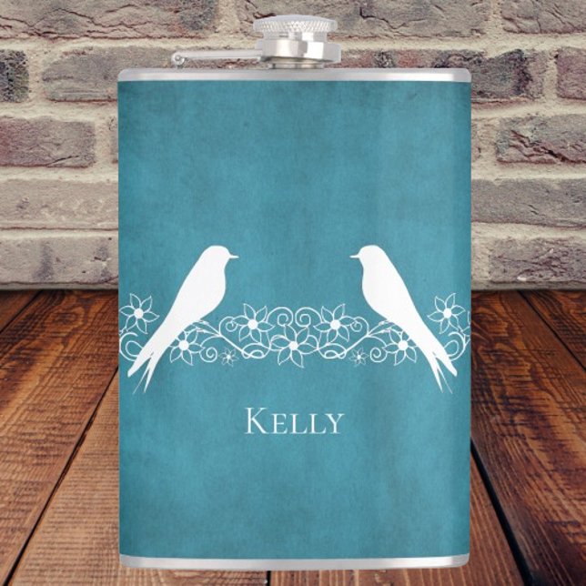 Bleu Lovebirds Vin Floral Flacon personnalisé (Blue Lovebirds Floral Vine Personalized Flask)