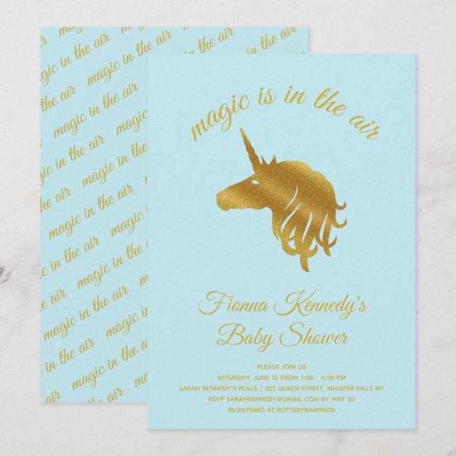 Bleu Magique Unicorne Baby shower Invitation (Devant / Derrière)