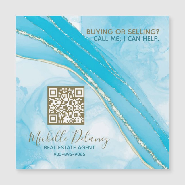 Bleu Marbre Immobilier Agent Promo Magnet Code QR (Devant)