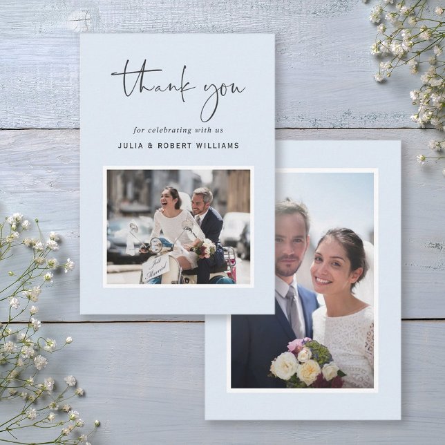Bleu | Mariage moderne 2 Carte de remerciements ph (Front & Back)