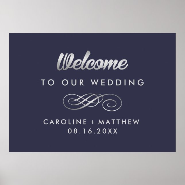 Bleu Marine | Affiche de bienvenue de mariage élég (Devant)