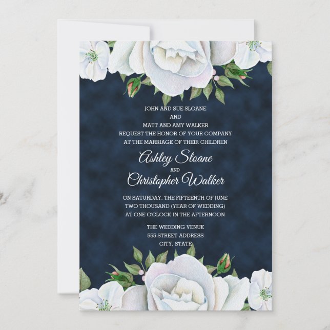 Bleu marine avec Faire-part de mariage floral blan (Devant)