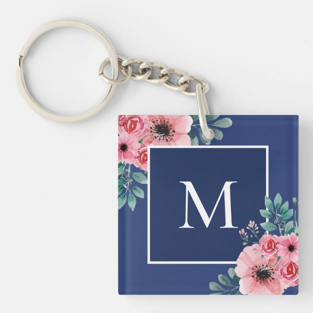 Bleu Marine | Bague à clé du monogramme photo flor (Devant)