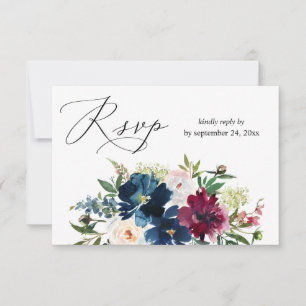 Bleu marine, bordeaux et floral blanc avec RSVP de
