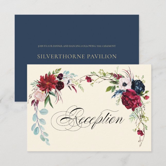 Bleu Marine | Carte de réception de mariage floral (Devant / Derrière)
