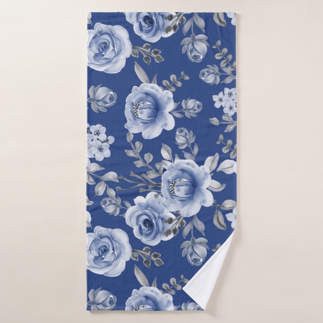 Bleu marine et Elégante aquarelle moderne Floral (Serviette de bain)