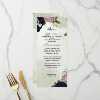 bleu marine et rose fleurs verdure menu mariage