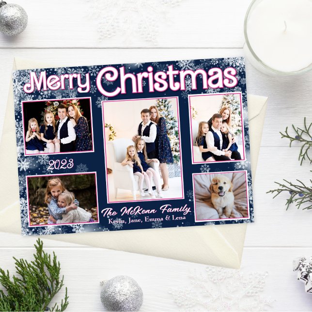 Bleu marine | Rose | Carte de vacances de flocons  (Navy blue, pink accents, white whimsical snowflakes, 5 photos, Christmas card)