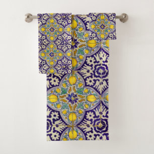 Bleu Méditerranée Motif Fleurs Jaunes