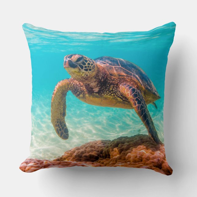 Bleu mer tortue corail lancer oreiller (Recto)