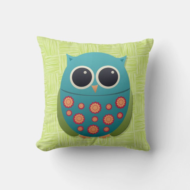 Bleu mignon et Chouette verte rouge sur Coussin ve (Recto)