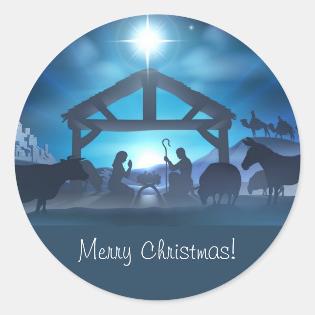 Bleu Nativité religieuse Sticker Enveloppe de Noël (Devant)