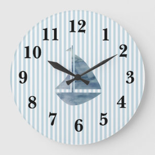 Bleu Nautique Bleu Stripe Preppy Grande Horloge
