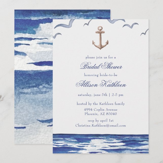 Bleu Nautique Côtier Mer nuptiale Invitation douch (Devant / Derrière)