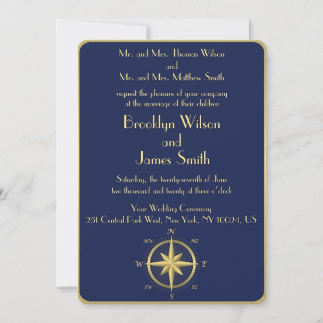 Bleu Nautique Invitations de mariage Gold Compass (Devant)