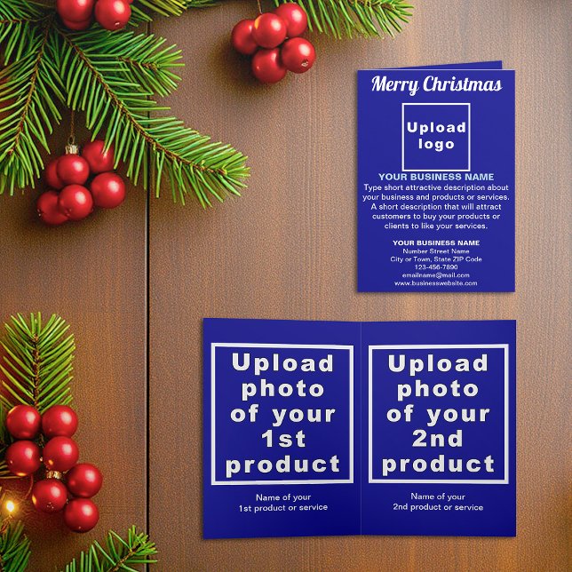 Bleu | Noël | Business | Carte double pour fêtes a (Blue folded holiday card for Christmas with your business brand and products or services)