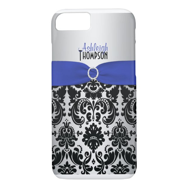 Bleu, Noir, Argent Damask iPhone 7 Coque (Dos)