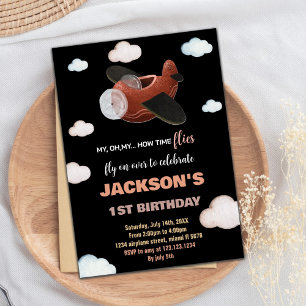Bleu noir Brown avion Invitations d'anniversaire