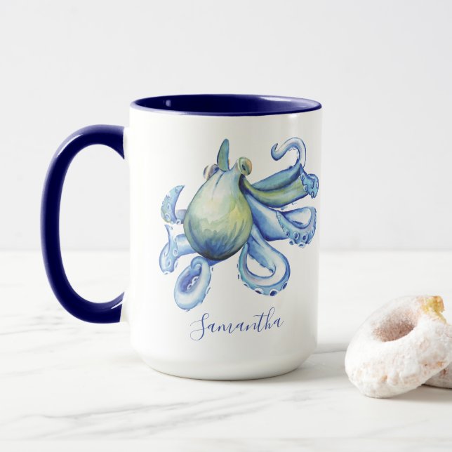 Bleu Octopus Plage Personnalisée Thème Café Mug (Avec donut)