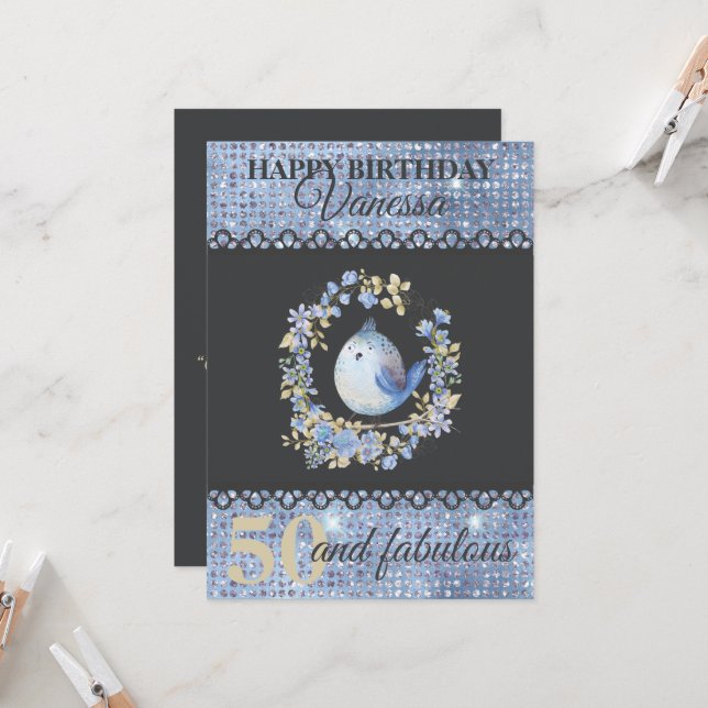 Bleu oiseau en couronne florale carte d'anniversai (Devant/Arrière en situation)