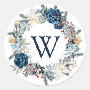 Bleu ondulé monogramme Wreath Holiday Sticker