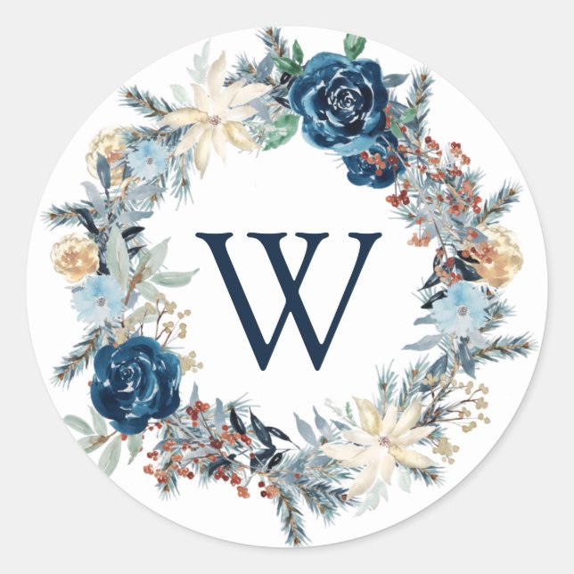 Bleu ondulé monogramme Wreath Holiday Sticker (Devant)