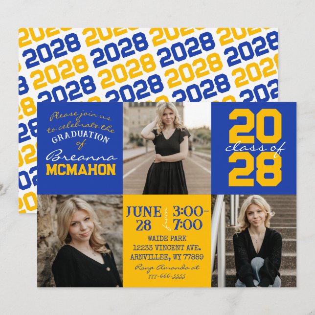 Bleu & Or 3 Photo Graduation Invitation (Devant / Derrière)