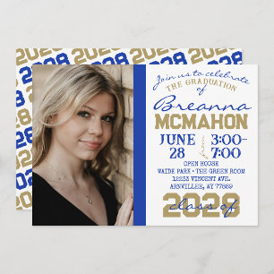 Bleu, or et blanc Graduation Photo Invitation