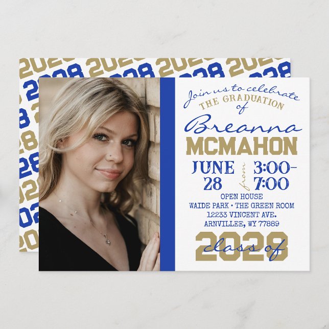 Bleu, or et blanc Graduation Photo Invitation (Blue & Bronze Gold 1 Photo Graduation Invitation with Repeating Class Year Back)