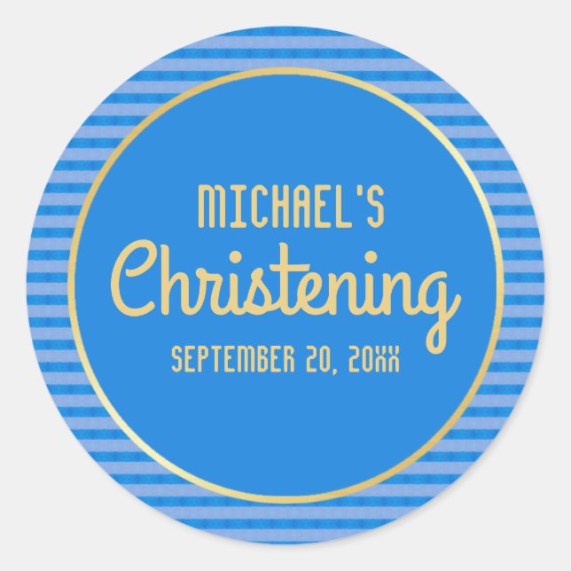 Bleu & Or Sticker Christening Personnalisé, Garçon (Devant)