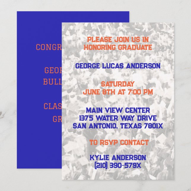 Bleu Orange Athlète Joueur Graduation Invitation (Devant / Derrière)