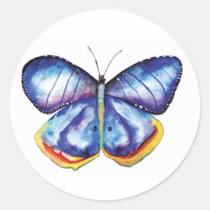 Bleu papillon Aquarelle Classic rond Sticker
