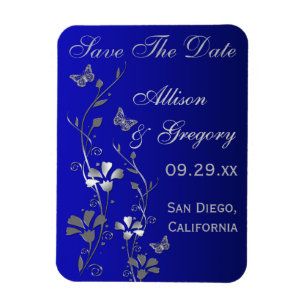Bleu, Papillon Argent Floral Save Date Magnet