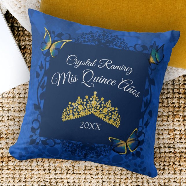 Bleu, Papillon d'or Tiara Quinceanera Coussin (royal blue quinceanera throw pillow gold tiara rhinestone gemstones gold butterflies keepsake gift )