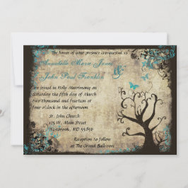 Bleu papillon et arbre vintage mariage Invitation