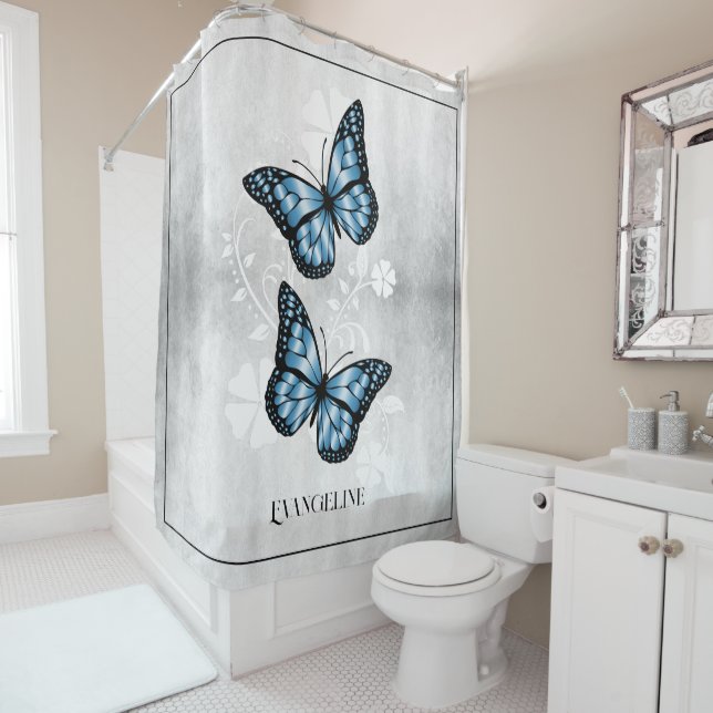 Bleu Papillon Floral Douche Rideau (En situation)