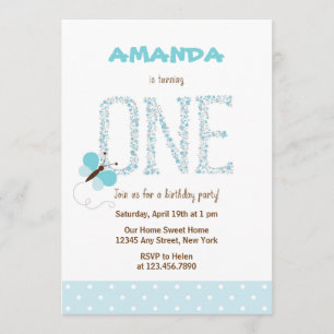 Bleu papillon première invitation anniversaire