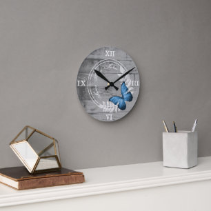 Bleu Papillon Rustique Acrylique Horloge murale